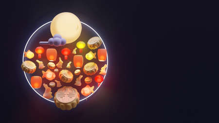 Mid autumn landing page template with 3d rendering illustration