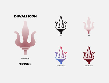 Trisul icon in 5 style, that is gradient flat, line, flat, gradient line, and color outline. Trisul is a India's traditional weapon in Diwali history.のイラスト素材
