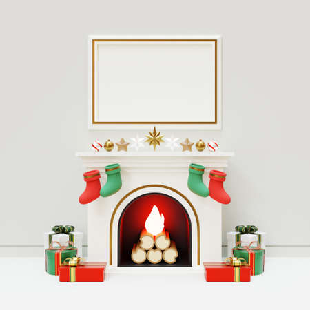 Christmas Social Media Post Template WIth Fireplace 3D Rendering Illustration In Square Compositionの写真素材