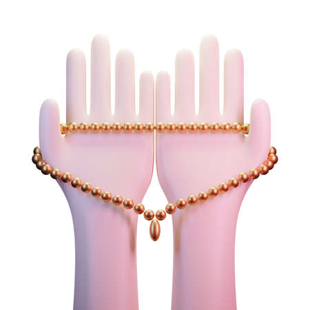 Pray Hand Gesture dan Prayer Beads 3D Render Illustration. Suitable for Eid Al Fitr theme.