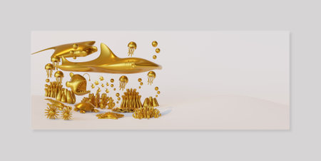 World Ocean Day Banner Template With Gold Composition Of Sea Animals 3D Render Illustration