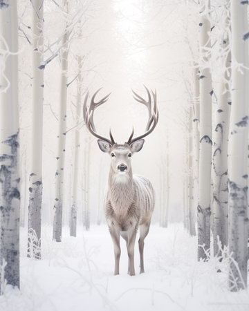 the deer stands in the snow next to some trees, in the style of dimitry roulland, naturalist aesthetic, i can't believe how beautiful this is, grandeur of scale, wilderness, swiss style, nature-based patterns --ar 4:5の素材