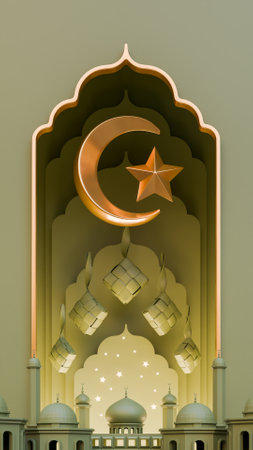Ramadan Crescent Moon And Star 3D Render Illustratio