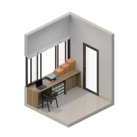 Small shop 3d render illustration design element. Showing a small shop with a many merchandise in isometric projection view, suitable for retail or commercial themeの写真素材