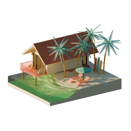 Summer beach isometric 3d render illustration. Showing a building in a beach, with sand, sea, coconut tree. Suitable for summer or beach theme.の写真素材