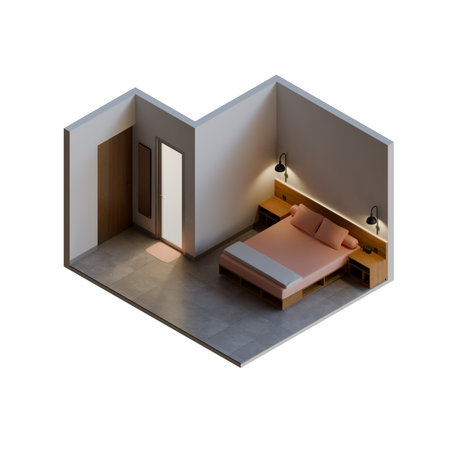 Isometric Master Bedroom 3D render design element, including a bedroom, a bed, two bedside table, a wardrobe, a chair, a curtain, a roller blind, and a wall mounted air conditioner. Originally made in Blender, also available in .OBJ and .FBX file format. Suitable for home or apartment interior.の写真素材