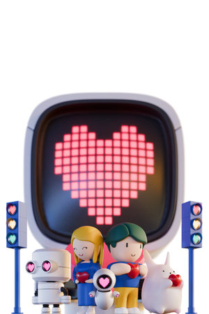 Valentine 3D Render Illustration, showing a man, a woman, three different robots, a rabbit, and...