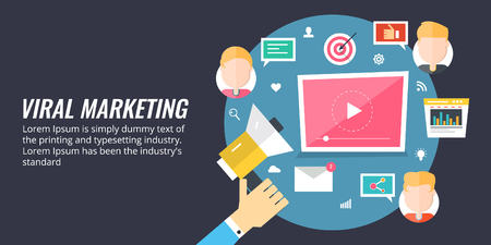 Viral marketing - online business concept. Digital content promotion and distribution. Flat design marketing vector banner.のイラスト素材