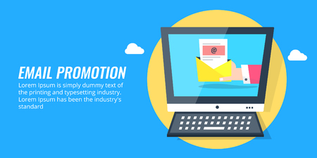 Email promotion, email marketing, businessman holding an open email. Inbox, message, notification, newsletter concept. Flat design vector banner.のイラスト素材