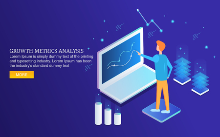 Online business growth analysis, man analyzing marketing  data, information, isometric design vector banner.のイラスト素材