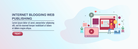 Blogging, web publishing, lady browsing web content on tablet, digital device, flat design vector illustration.のイラスト素材