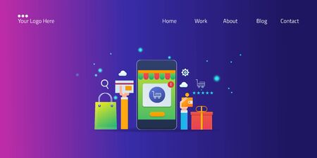 Online shopping with a smartphone, mobile shopping app, ecommerce website, online payment, gift, bag, online store, customer buying and experience, web banner.のイラスト素材