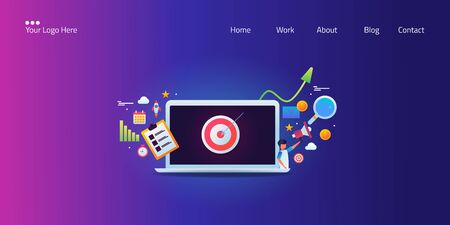 Business strategy, checklist, seo, social media, web promotion for right marketing target concept, web banner with text,web page template, vector.のイラスト素材