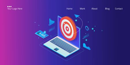 Isometric design concept of digital target marketing, website analytics, successful business goal, web template, vector banner.のイラスト素材