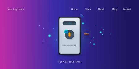 Mobile voice search assistant, artificial intelligence, search optimization concept, microphone icon on a smartphone screen, web banner.のイラスト素材