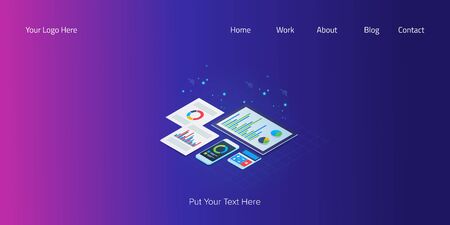 Isometric view of business report, mobile analytic app, marketing data showing on tablet, big data, digital marketing concept, web banner.のイラスト素材