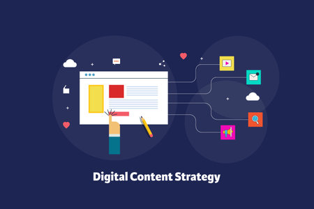 Digital content strategy for online business leads and conversion. Flat design concept.のイラスト素材