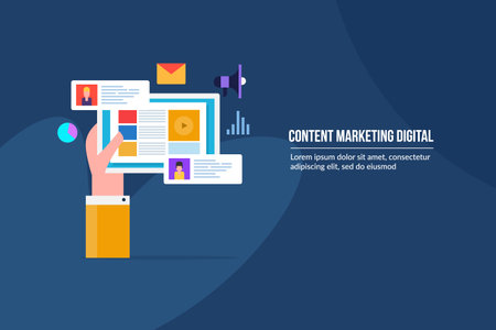 Content marketing, social media and blog post publication on internet. Hand holding website content concept. Flat background.のイラスト素材