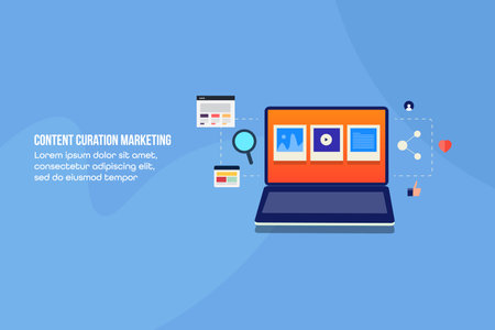 Content curation, digital content marketing and sharing on social media with audience, vector banner illustration.のイラスト素材