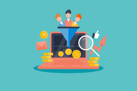Quality lead generation with marketing funnel. Increasing sales with conversion optimization concept. Flat design vector banner.のイラスト素材