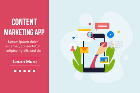 Influencer marketing on social media through smartphone device, flat design landing page template.のイラスト素材