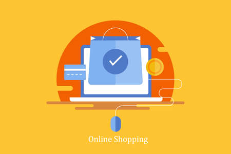 Online shopping store concept on laptop screen with credit card and shopping bag, buy on a mouse click. Flat design vector illustration web banner concept of e-commerce.のイラスト素材