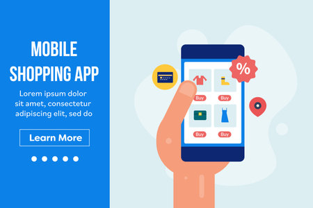 Customer using Online shopping app on smartphone. E-commerce shopping web store application concept.Mobile shopping and m-commerce application technology for online customers, online payment, discountのイラスト素材