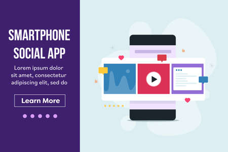 Social media application running on mobile phone display. Social media marketing and content people engagement concept. Flat design landing page template and vector illustration web banner.のイラスト素材