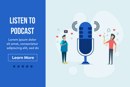 Podcast illustration concept. People with headphone listening to online podcasting program. Landing page vector, web banner and presentation.のイラスト素材