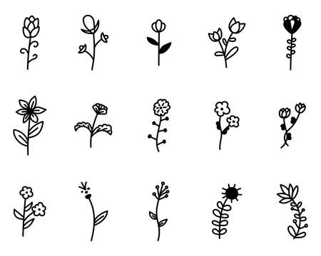 Set of doodle flowers with leaves decorative elements. Floral, botanical vector illustration design, isolated hand drawn black elements.のイラスト素材