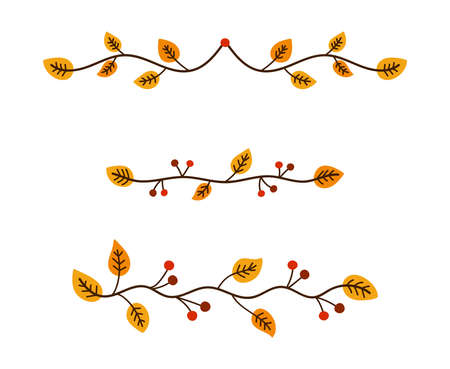 Hand drawn autumn dividers, borders set. Decorative vector lines with leaves and seasonal berries. Doodle ornate tree branchesのイラスト素材