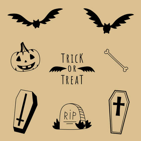 Set of doodle halloween elements. Collection of hand drawn bats, pumpkin, bone, coffins and tombstone. trick or treat halloween stickersのイラスト素材