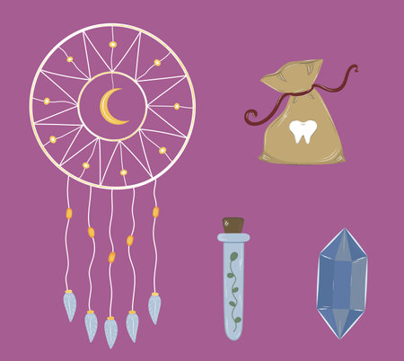 Witchcraft isolated doodle set. Esoteric magical stickers clip art hand drawn dream catcher, crystal, potion, bag with teeth, flask. vector halloween illustrationのイラスト素材