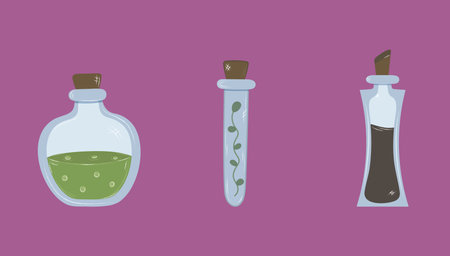 Set of doodle potions, flasks. Witchcraft potions isolated stickers. Vector magic halloween illustrationのイラスト素材