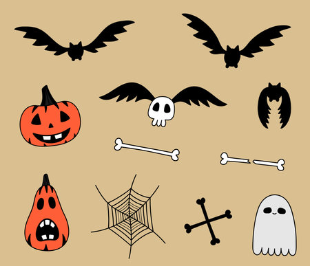 Set of halloween doodles isolated. Hand drawn bats, pumpkins, ghost, skull, bones, cobweb. Spooky vector illustrationのイラスト素材