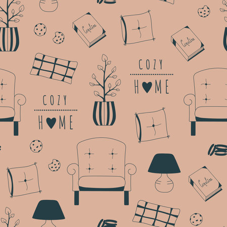 Cozy home seamless pattern. Hand drawn outline print with armchair, pillows, cookies, lamp. Stay at home backgroundのイラスト素材
