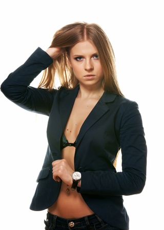 Portrait of the blonde on a white backgroundの写真素材