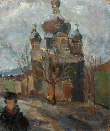 Beautiful Original Oil Painting Landscape On Canvas with Church on Streetのeditorial素材