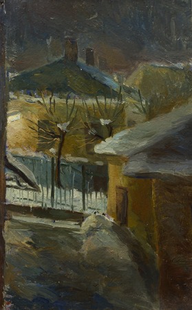 Beautiful Original Oil Painting Landscape On Canvas Winter road and housesの写真素材