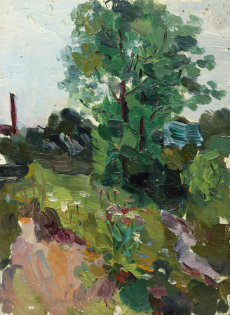 Beautiful Original Oil Painting Landscape On Canvas tree and grassの写真素材