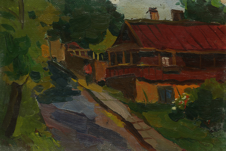 Beautiful Original Oil Painting Landscape On Canvas with trees house and roadの写真素材