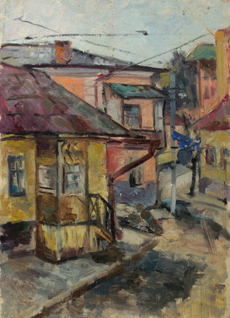 Beautiful Original Oil Painting Landscape On Canvas with houses on the streetの写真素材