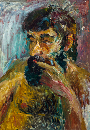 Beautiful Original Oil Painting of topless bearded man On Canvasの写真素材