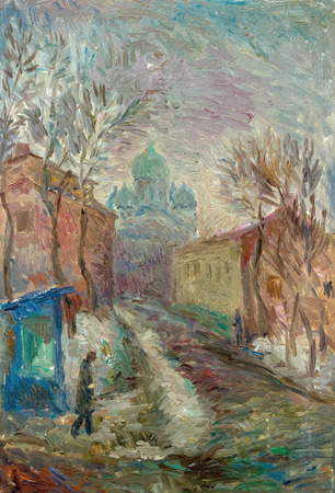 Beautiful Original Oil Painting  city street in bright colors  On Canvasの写真素材