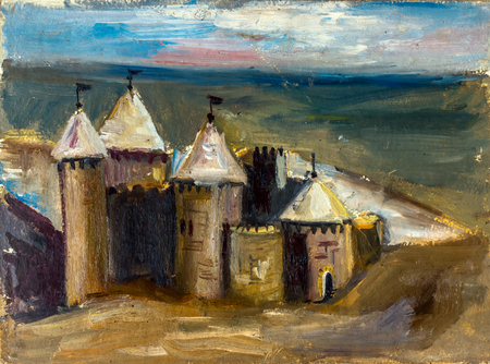 Wonderful autumn landscape of the castle at sunset on canvasの写真素材