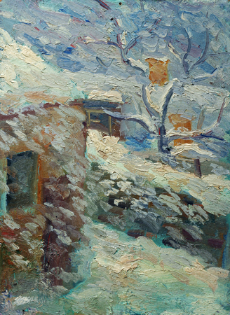 Oil painting of winter landscape with little house wind blowing the snow from roofの写真素材