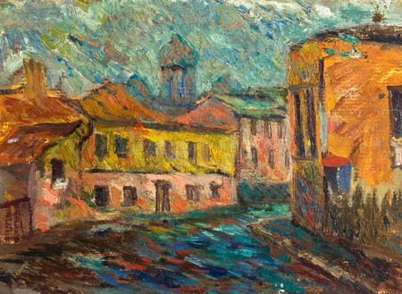 Beautiful Original Oil Painting Chernivtsi city street in bright colors  On Canvasの写真素材