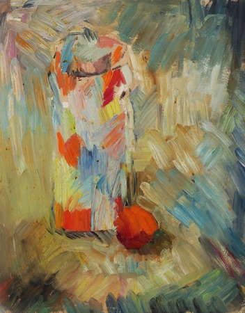 Oil painting. Still life with vase and an apple  in the Impressionism styleの写真素材