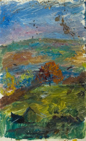 Beautiful Original old Oil Painting of autumn landscape at sunset  On Canvasの写真素材