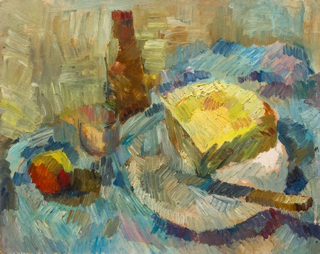 Beautiful Original Oil Painting Still Life bottle opener cheese apple glass in pastel colors  On Canvasの写真素材